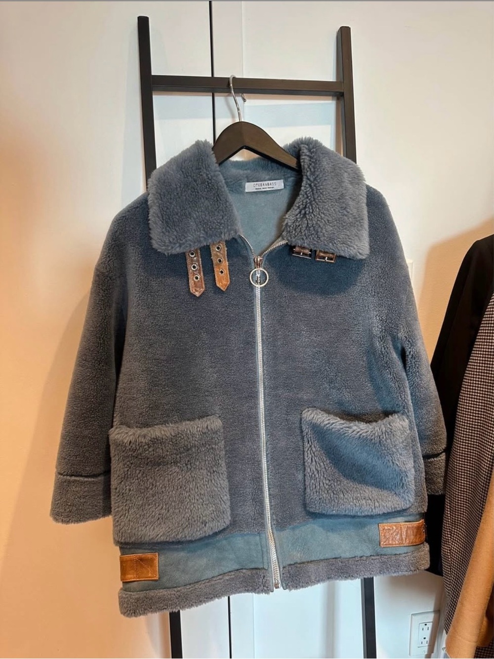 Faux Shearling Jacket in Slate Blue - Cozy Zip Front